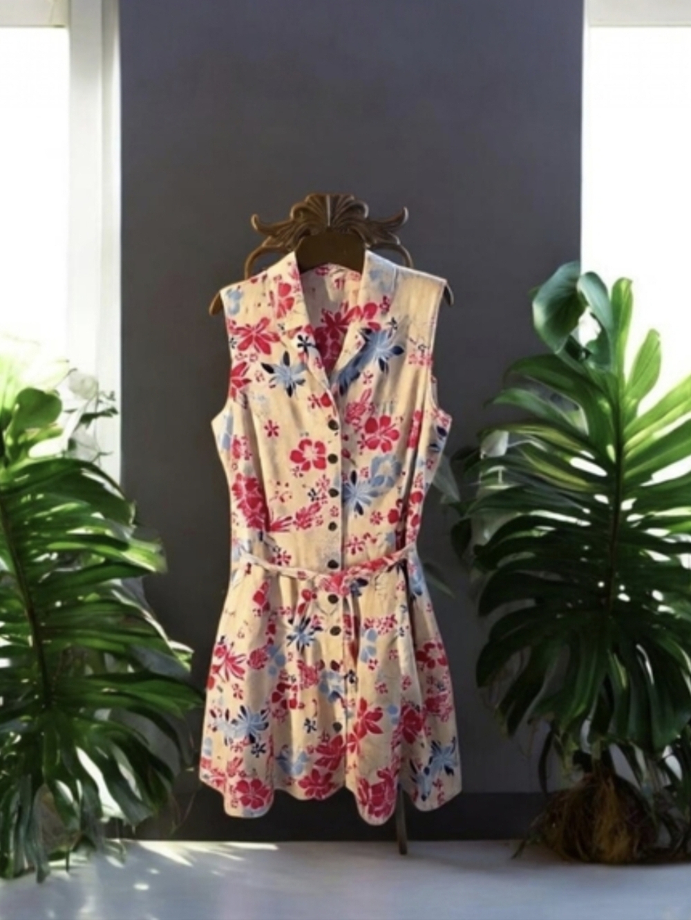 CHRISTOPHER & BANKS Button Tie Linen Blend Sleeveless Floral Dress